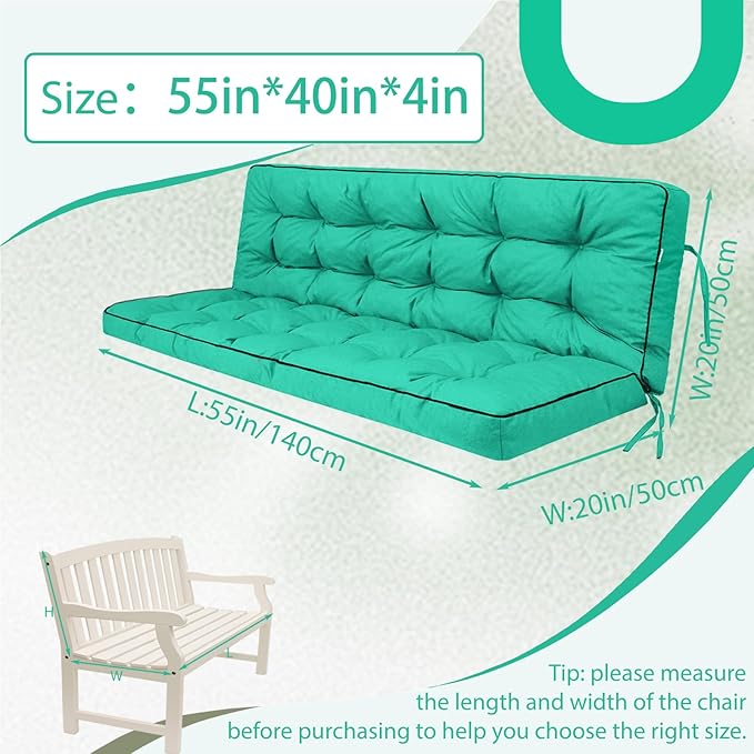 2/3 Seater Swing Replacement Cushion, Waterproof Porch Swing Cushions with Backrest, Thickened Bench Cushions for Outdoor Furniture, for Outdoor Patio Swing (Lake Blue, 55 * 40in)