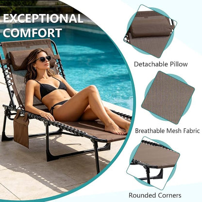 Portable Foldable Sun Tanning Chair, Heavy Duty Adjustable Folding Laying Out Chairs for Tanning, Beach Lounge Chairs for Adults for Outdoor Sunbathing Patio Pool Lawn Camping Deck (Brown)