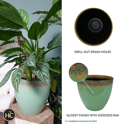 The HC Companies 11.5 Inch Seabrook Decorative Round Planter - Lightweight Premium Resin Plant Pot with a Ceramic Look for Indoor Outdoor Use, Seafoam