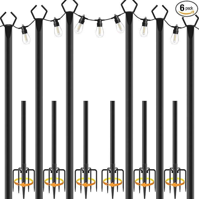 6 Pack 10 ft Heavy Duty Metal String Light Poles Adjustable Outdoor Lighting Stand for Patio,Backyard,Garden,Party & Wedding Rustproof & Sturdy with Hooks