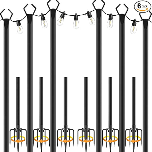 6 Pack 10 ft Heavy Duty Metal String Light Poles Adjustable Outdoor Lighting Stand for Patio,Backyard,Garden,Party & Wedding Rustproof & Sturdy with Hooks