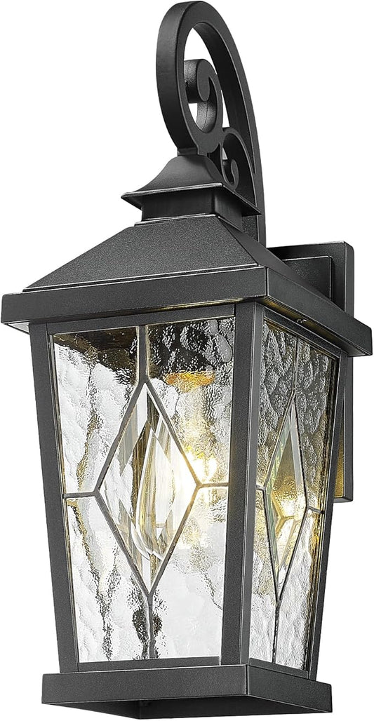 Emliviar Outdoor Porch Light 16 Inch, Farmhouse Wall Mount Fixture with Water Glass Shade, Matte Black Carriage Light for House, Yard, Garden, Patio, WE301B-SD BK