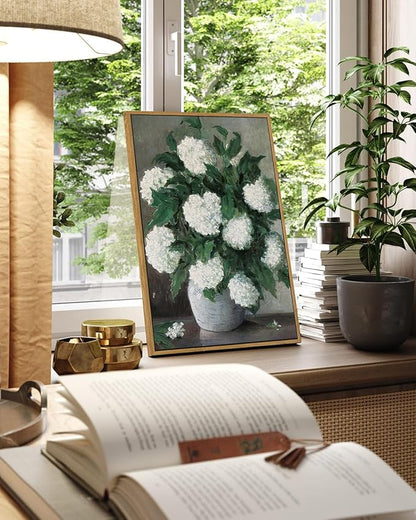 InSimSea Framed Canvas Prints Art Vintage Decor, Flower Wall Art Home Decor, White Hydrangea Paintings Large Prints, Botanical Floral Wall Decoration for Living Room Bathroom Office, 16"x24"