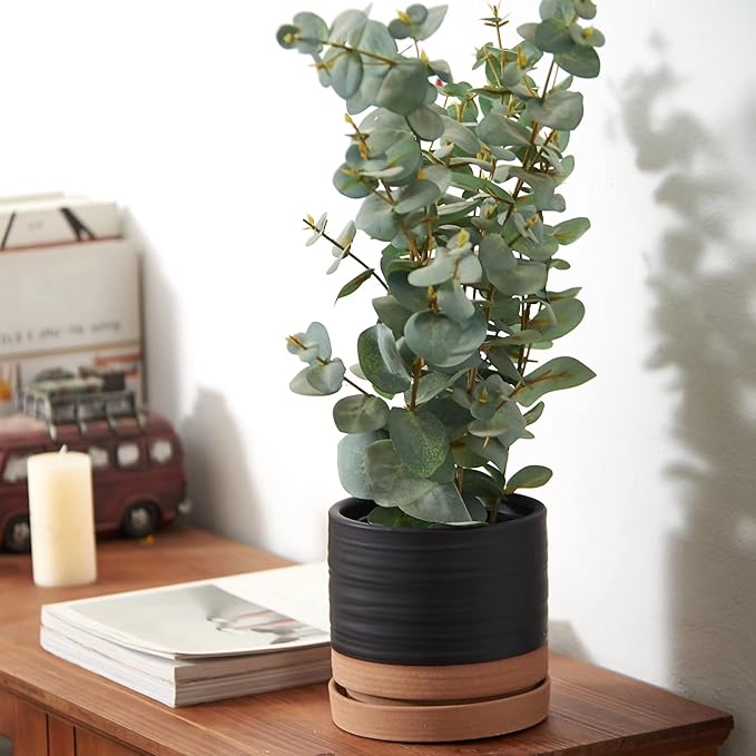 HERDUK 6 Inch Plant Pots, Ceramic Planter Pot with Drainage Hole & Saucer, Indoor/Outdoor Cylinder Round Planter Pot, Matte Black & Brown