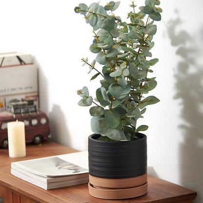 HERDUK 6 Inch Plant Pots, Ceramic Planter Pot with Drainage Hole & Saucer, Indoor/Outdoor Cylinder Round Planter Pot, Matte Black & Brown