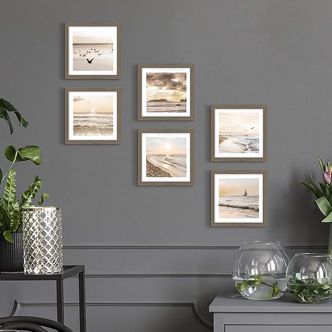 Framed Ocean Photo Wall Art: Modern Relaxing Beach Artwork Nature Coastal Dusk Scenery Picture 6 Pieces Seaside Seagulls Prints Horizontal Sunset Seascape Painting for Bedroom Bathroom