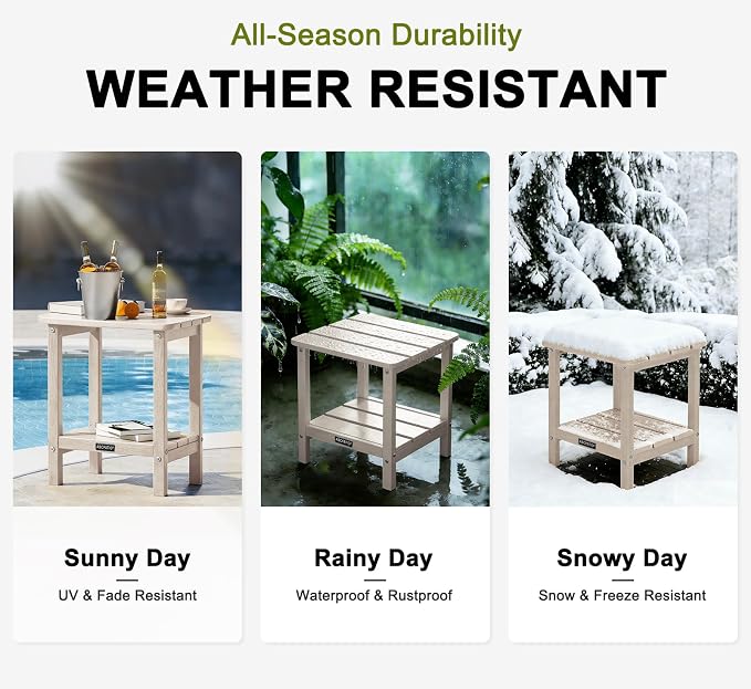 Outdoor Side Table HDPE Small Outdoor End Table Patio Side Tables Square for Backyard Pool Porch Balcony Double Layer Storage, Sand (Wood Grain Finish)