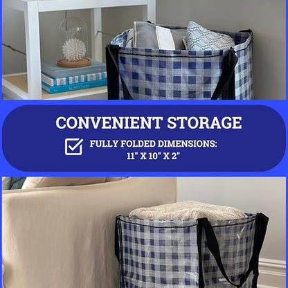 DURASACK Heavy Duty Storage Tote Bag 22-Gallon Rugged Woven Polypropylene Moving Bag, Reusable Self-Standing Design, Holds up to 500 Pounds, Pack of 4, Gingham Blue