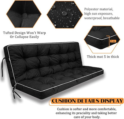 Swing Replacement Seat Cushions, 2-3 Seater Bench Cushions for Outdoor Furnitur with Backrest, Garden Recliner Seat Cushions Waterproof Sofa Pads (Black, 63x40in)