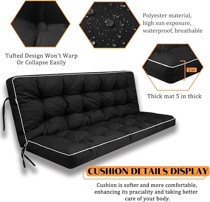 Swing Replacement Seat Cushions, 2-3 Seater Bench Cushions for Outdoor Furnitur with Backrest, Garden Recliner Seat Cushions Waterproof Sofa Pads (Black, 70.8x40in)