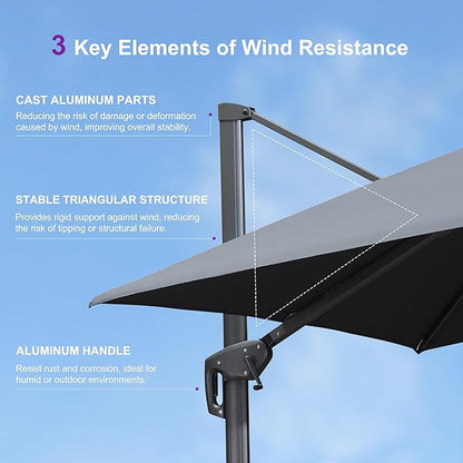 PURPLE LEAF 10' X 13' Cantilever Outdoor Umbrellas Large Patio Umbrella Hanging Double Top Rectangle Offset Umbrella with 360°Rotation Tilting Umbrella Outdoor Patio Grey