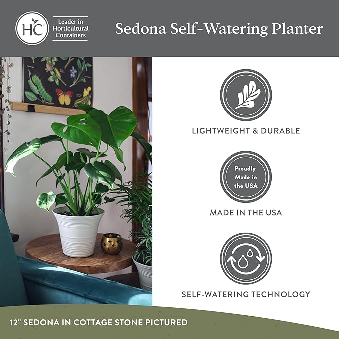 The HC Companies Sedona Round Self-Watering Pot - Lightweight Self Care Planter - Plastic Planter for Herbs & More - Durable Plant Pots for Indoor Plants & Outdoor Plants (7” Cottage Stone, Pack 1)