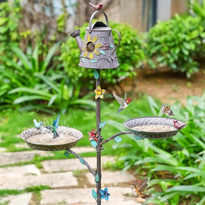 Bird Baths and Houses for Outside with Pole, 3-in-1 Bird Bath, House & Feeder with Metal Stake, 67.9" Tall Free Standing Birds Feeders Birdhouses for Outdoors with 4-Prong Stake