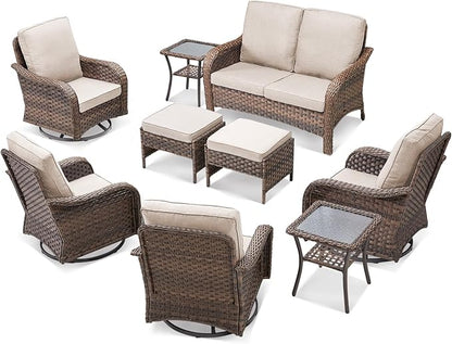 Outdoor Patio Furniture Set, 9 Pieces Outdoor Wicker Sofa with Swivel Patio Chairs, Glass Side Table, Ottomans, All Weather High Back Rattan Loveseat Couch with Comfy Cushions, Brown/Beige