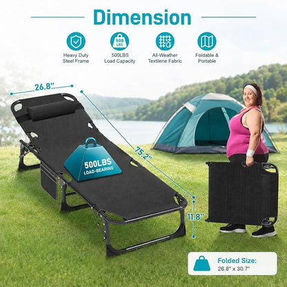 ABORON Tanning Chair, 5-Position Padded Folding Chaise Lounge | 5-position folding chaise lounge supports 500 lb and has a removable cushion and pillow for sunbathing, poolside or patio.