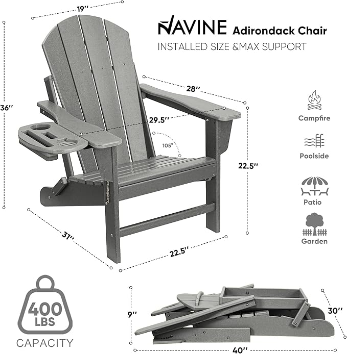 Adirondack Chair, HDPE Folding Adirondack Chair with Multifunctional Cup Holder, Weather Resistant Fire Pit Chair for porches, patios, patios, poolsides, Decks.