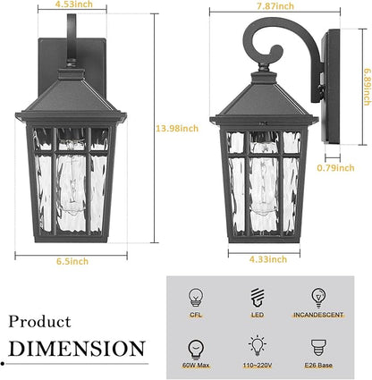 Darkaway Outdoor Wall Lights for House, Exterior Lighting Fixtures Wall Mount Outside Porch Lights Waterproof Black Outdoor Sconce Lights with Water Ripple Glass for Patio Garage Front Door