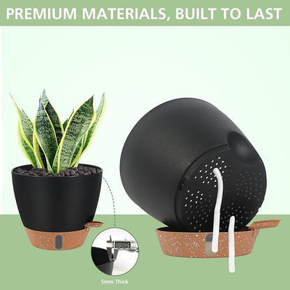 Self Watering Planters Set with Water Level Indicator, 12" 10" 9" 8" Large Plastic Flower Pots with Mesh Drainage Hole and Removable Saucer Reservoir for Indoor Outdoor Plants 4pcs （Black