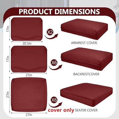 14 Piece Outdoor Patio Waterproof Cushion Covers, Fits 6-Seat Wicker Rattan Sectional Couch Chair Furniture Cover Replacement Set - Fade-Resistant Patio Cushion Covers with Zipper
