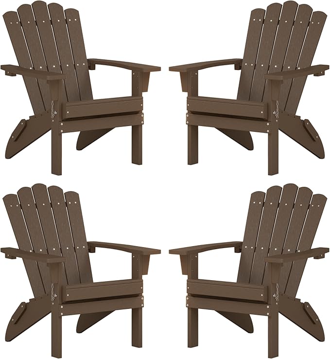 Set of 4 Folding Adirondack Chairs, Heavy Duty Weather-Resistant Patio Chairs with Wide Armrests & Ergonomic High Back, HDPE Fire Pit Seating for Backyard, Garden, Porch - Coffee