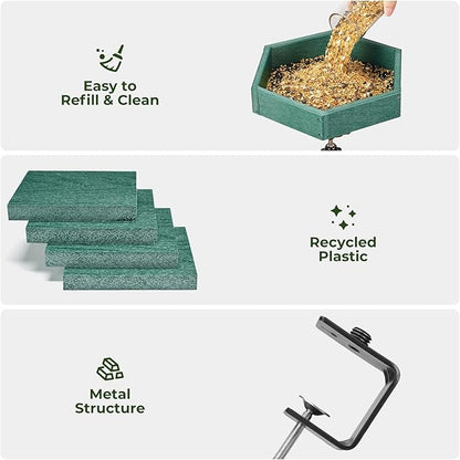 Kingsyard Clamp-On Deck Bird Feeder 11in Hexagon, Adjustable Balcony Railing Clamp 2.2in No-Drill, Recycled Plastic Seed Tray Metal Mesh Drainage Easy-Clean 3 lb,Green