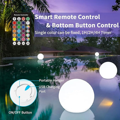 8-Inch 16 Color Changing LED Ball Lamp, IP68 Waterproof Led Glowing Orb Lights with Remote Control and Timer for Pool Garden Yard Home Party Decor