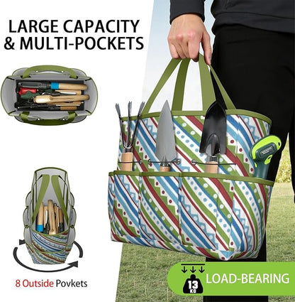 Boho Garden Tool Bag - Waterproof Floral Garden Tote with 8 Pockets, Large Storage Home Organizer Gardening Tool Oxford Bag for Garden Tools Kits Holder, Ideal Outdoor Gardening Gift for Women & Men
