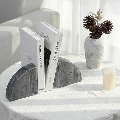 Karibiber Marble Bookend for Shelves, Non-Skid Bookends for Heavy Books, Heavy Duty Book Stopper for CDs, Luxury Book Shelf Holder, Quarter Circle Design Book Ends Decorative, Monte Grigio, Set of 2