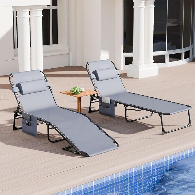 EBE Outdoor Lounge Chair Set of 2, Portable Patio Sun Tanning Chairs with 4-Position Reclining Back, Pool Chaise Lounge Chair with Detachable Pillow and Side Pocket for Beach, Poolside, Grey