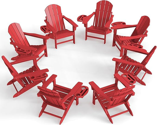 Adirondack Chair Set of 8, HDPE Folding Adirondack Chair with Multifunctional Cup Holder, Weather Resistant Fire Pit Chair for porches, patios, poolsides, Decks.