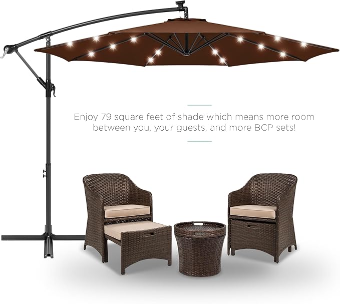 Best Choice Products 10ft Solar LED Offset Hanging Market Patio Umbrella for Backyard, Poolside, Lawn and Garden w/Easy Tilt Adjustment, Polyester Shade, 8 Ribs - Brown