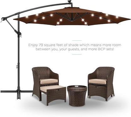 Best Choice Products 10ft Solar LED Offset Hanging Market Patio Umbrella for Backyard, Poolside, Lawn and Garden w/Easy Tilt Adjustment, Polyester Shade, 8 Ribs - Brown