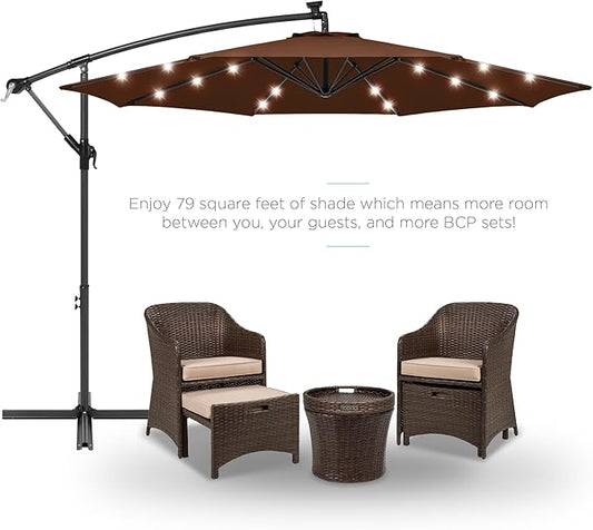 Best Choice Products 10ft Solar LED Offset Hanging Market Patio Umbrella for Backyard, Poolside, Lawn and Garden w/Easy Tilt Adjustment, Polyester Shade, 8 Ribs - Brown