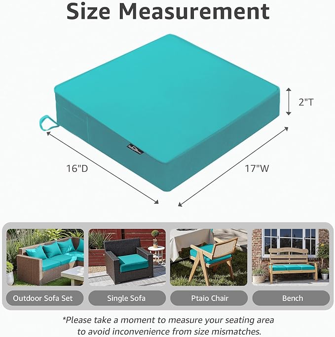 PatioGlow Outdoor Chair Cushions 17 x 16 x 2 Inch, Waterproof & Fade Resistant Patio Seat Cushion for Furniture with Handle and Ties, Thick Seating Pads for Outside Sofa Couch Set of 2, Teal