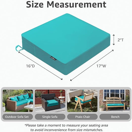 PatioGlow Outdoor Chair Cushions 17 x 16 x 2 Inch, Waterproof & Fade Resistant Patio Seat Cushion for Furniture with Handle and Ties, Thick Seating Pads for Outside Sofa Couch Set of 2, Teal