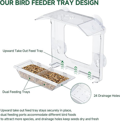 Window Bird Feeder with 4 Extra Strong Suction Cups, Clear Bird Feeder with Dual Seed Tray, Easy to Install & Clean, Birdfeeder for Viewing Wild Birds, Bird Watching Gift, Garden Decor