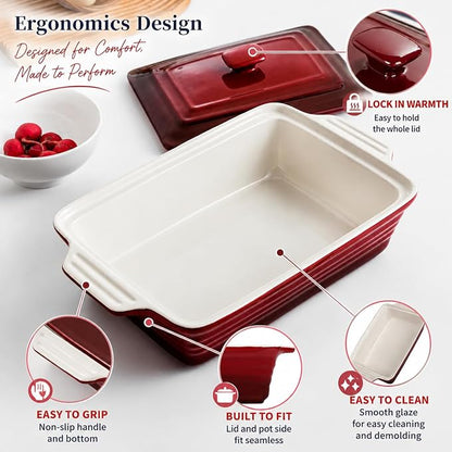 LOVECASA 4.5 Quart Ceramic Casserole Dish with Lid – Oven, Microwave & Dishwasher Safe Bakeware for Family Meals, Lasagna, Roasting, Rectangular Stoneware 9x13 Baking Pan, Gradient Red