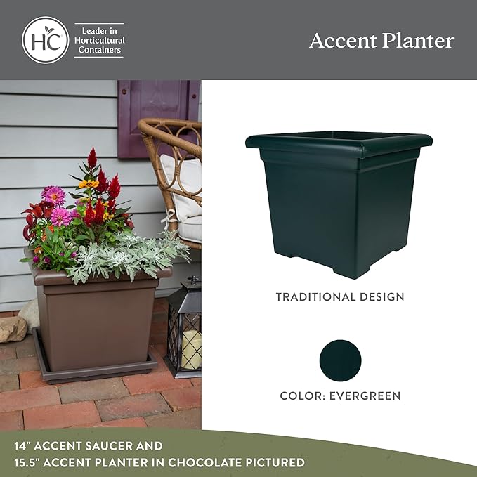 The HC Companies Accent Square Plant Pot w/Drainage - Classic Planters for Outdoor Plants & Indoor Plants - Lightweight & UV-Resistant Square Planter Box (15.5”, Evergreen, Pack of 1)