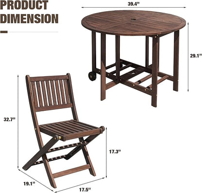 Devoko 5 PCS Patio Furniture, Patio Dining Set Acacia Wood Outdoor Table and Chairs, with 4 Folding Chairs and 37" Round Movable Table, Outdoor Dining Set for Lawn, Balcony, Garden (Deep Brown)