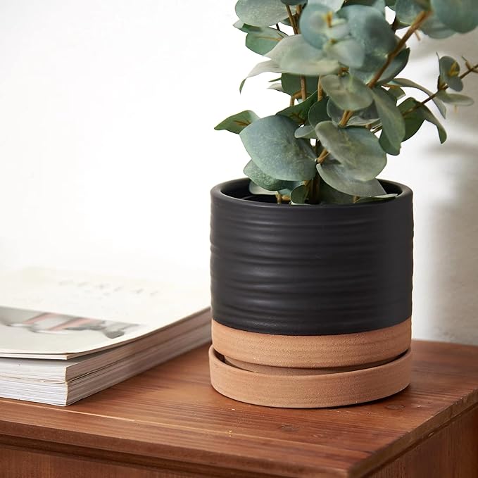 HERDUK 6 Inch Plant Pots, Ceramic Planter Pot with Drainage Hole & Saucer, Indoor/Outdoor Cylinder Round Planter Pot, Matte Black & Brown