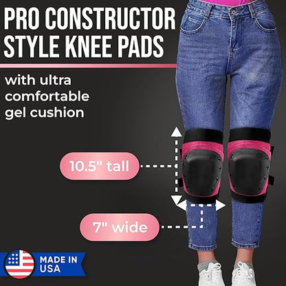 PRO Constructor Style Knee Pads for Women with 3 Levels of Protection, Pink, 1 Pair - Flat Stand Plastic Cap & Multi Adjustable Fasteners, Made in USA