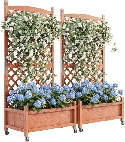IDEALHOUS Large Raised Garden Bed with Trellis & Wheels, 61" Wooden Mobile Planter Box with Drainage Hole, Freestanding Vertical Planter for Outdoor Indoor Patio Lawn Herbs Flowers Vegetables, 2 Pack