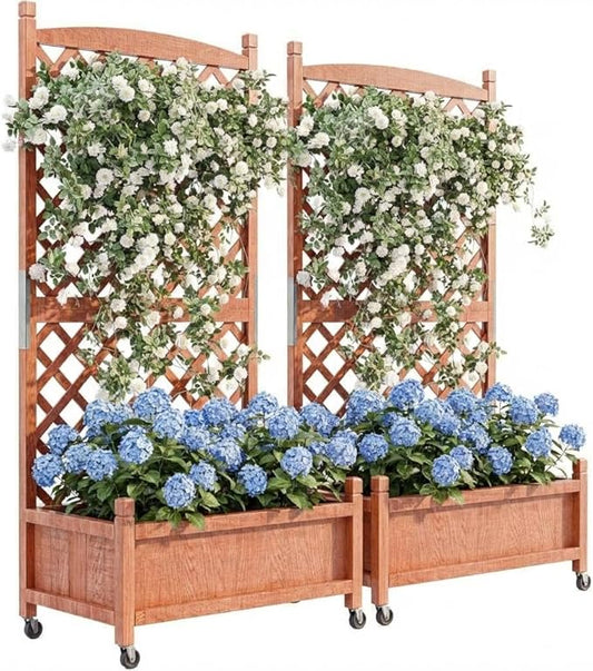 IDEALHOUS Large Raised Garden Bed with Trellis & Wheels, 61" Wooden Mobile Planter Box with Drainage Hole, Freestanding Vertical Planter for Outdoor Indoor Patio Lawn Herbs Flowers Vegetables, 2 Pack