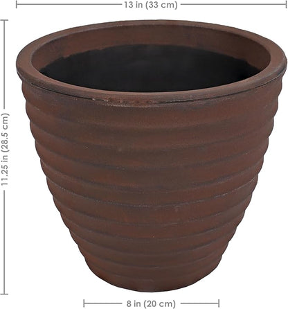 Sunnydaze Ribbed 13" Outdoor Plant Pot - Polyresin Double-Walled Planter for Indoor or Outdoor Use - Rust - Set of 4