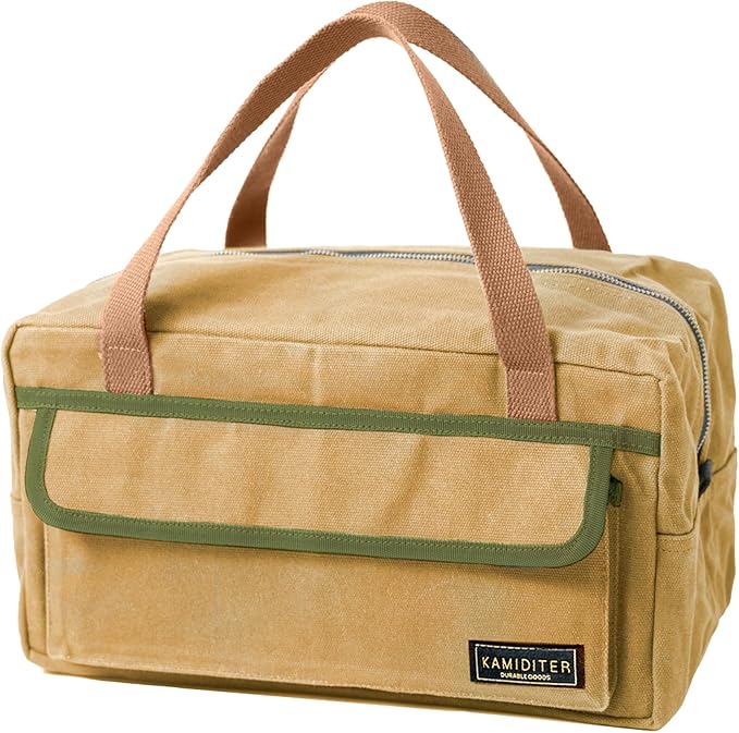 Mechanic's Waxed Canvas Small Tool Bag, Color-Blocking Design, Touch Fastener Front & Zipper-Closure Back Utility Bag (Khaki)