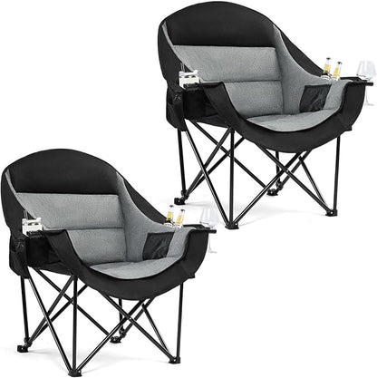 Oversized Camping Chair for Adults - Heavy Duty Outdoor Padded Large Lawn Camp Chair with Cup Holder Cooler Pockets for Sports Beach Fishing Garden Portable Supports 500lbs, Black/Grey 2 Pack