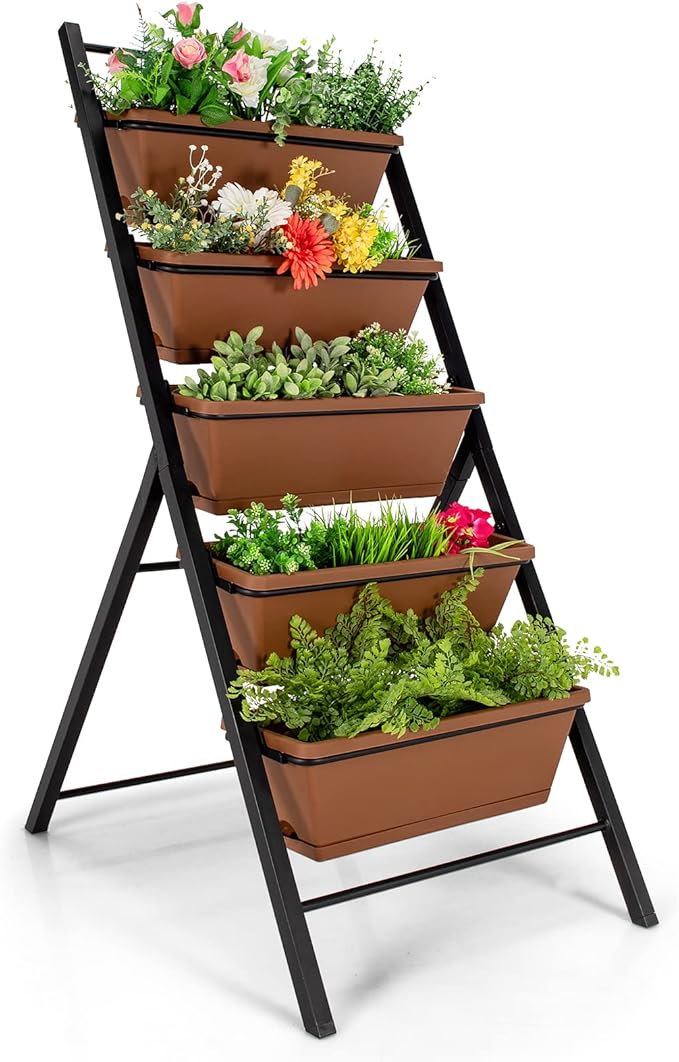 Giantex Vertical Planter Raised Bed, Elevated Garden Beds with Water Drainage Hole, Freestanding 5 Container Boxes for Herb Vegetables Flowers Growing, Outdoor Indoor Patio Balcony (Brown, 1)