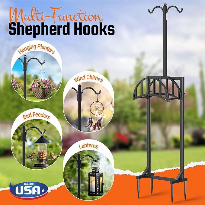 Garden Hose Holder, Water Hose Stand for Outside with 4 Stake and 2 Shepherds Hooks, Freestanding Hose Storage Holds 150Ft, Heavy-Duty Metal Hose Hanger Rack for Yard, Lawn, Farm