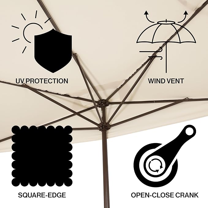 JONATHAN Y Half Umbrella UMB1200B Sidney 9 ft. Classic MidCentury Rectangular Market Patio with Crank, Wind Vent and UV Protection in Cream/White