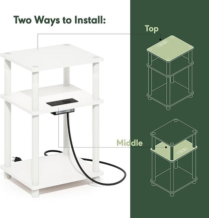 Furinno JUST Side Table, 3-Tier Modern End Table with Charging Station, Easy Assembly Night Stand, Bedside Table with USB and Type-C Port, for Living Room, Bedroom, White